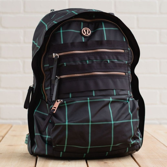 lululemon athletica Handbags - RARE Lululemon Pack To Reality Backpack Pacific Check Deep Coal Menthol